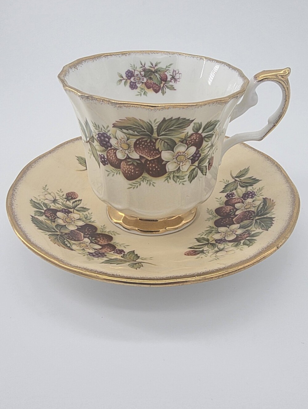 Vintage Queen's China Staffordshire Strawberry Blackberry Teacup and Saucer Set